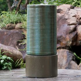 43.5 Inch Large Concrete Cylinder Green & Brown Ribbed Water Fountain, Outdoor Bird Feeder / Bath Fountain, Modern Industrial Style