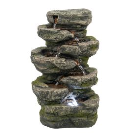 14 Inch Indoor Gray Stone-Look Water Fountain, 7-tier Poly-resin Cascading Rock Tabletop Fountain with LED Light