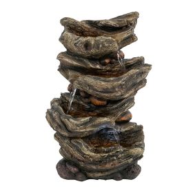 14 Inch Indoor Brown Wood-Look Water Fountain, 4-Tier Poly-resin Cascading Tabletop Fountain with LED Light