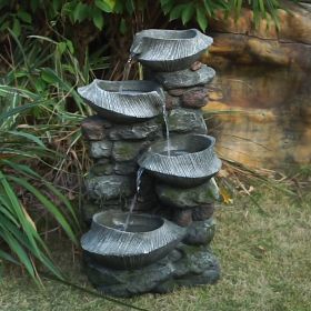 31.5 Inch Indoor/Outdoor Stone Water Fountain, 4-Tier Poly-resin Cascading Rock Bowl Freestanding Fountain with LED Lights