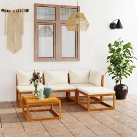 5 Piece Patio Lounge Set with Cushion Cream Solid Acacia Wood