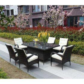 Patio 7-Piece Rectangular Dining Set with 6 Dining Chairs (Brown & Beige Cushions)