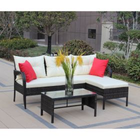 Outdoor Patio Furniture Set 3 Piece Conversation Set Wicker Rattan Sectional Sofa With Seat Cushions (Beige Cushion)