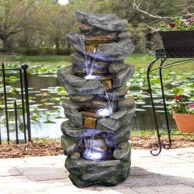 40 Inch Outdoor Fountain Poly-resin Rock Water Fountain with LED Lights