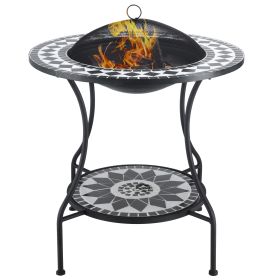 30" Outdoor Fire Pit Dining Table, 3-in-1 Round Wood Burning Fire Pit Bowl, Patio Ice Bucket with Storage Shelf, Spark Screen Cover for BBQ