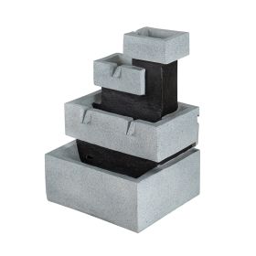 22.4 Inch Decorative 4 Tier Gray and Black Block Fountain with Light, for Indoor and Outdoor