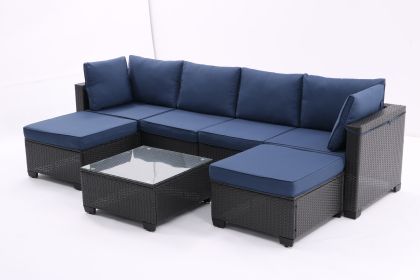 7 Piece Outdoor Patio Furniture Set, Sectional Conversation Sofa consisting of Corner Chairs, Ottomans and Glass Top Table, All Weather PE Rattan