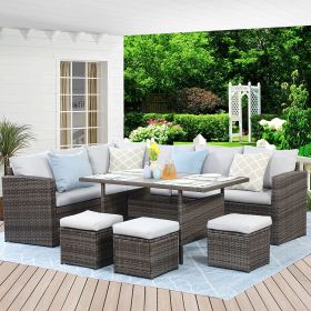 7-Pieces PE Rattan Wicker Patio Dining Sectional Cushions Sofa Set with Grey Cushions