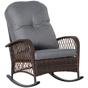 Outsunny Outdoor Wicker Rocking Chair with Wide Seat, Thick, Soft Cushion, Rattan Rocker w/Steel Frame, High Weight Capacity for Patio, Garden