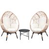 3 Piece Patio Egg Chairs Set with Side Table, Natural Color PE Rattan and Beige Cushion