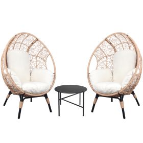 3 Piece Patio Egg Chairs Set with Side Table, Natural Color PE Rattan and Beige Cushion