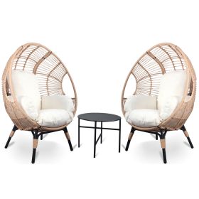 3 Pieces Patio Egg Chairs (Model 2) with Side Table Set, Natural Color PE Rattan and Beige Cushion