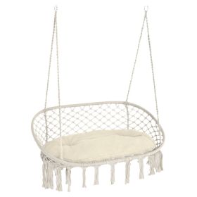 Outsunny 2-Person Hammock Chair Macrame Swing with Soft Cushion, Hanging Cotton Rope Chair for Indoor Outdoor Home Patio Backyard, White