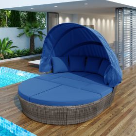 GO Outdoor Rattan Daybed Sunbed with Retractable Canopy Wicker Furniture, Round Outdoor Sectional Sofa Set, Gray Wicker Furniture Clamshell Seating