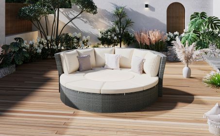 TOPMAX Patio 5-Piece Round Rattan Sectional Sofa Set All-Weather PE Wicker Sunbed Daybed with Round Liftable Table and Washable Cushions