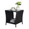 Outdoor Patio Wicker Side Table, Square End Table Bistro Coffee Table with Glass Top Storage Shelf for Porch Garden Backyard Black