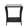 Outdoor Patio Wicker Side Table, Square End Table Bistro Coffee Table with Glass Top Storage Shelf for Porch Garden Backyard Black