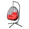 Outdoor Rattan Hanging Oval Egg Chair in Stock, 37"L x 35"D x 78"H (Red)