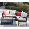 4 Piece Patio Sectional Wicker Rattan Outdoor Furniture Sofa Set with Storage Box Brown