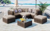 GO 8-piece Outdoor Wicker Sofa Set, Rattan Sofa Lounger with Colorful Pillows, Conversation Sofa, For Patio, Garden, Deck, Brown Wicker, Beige Cushion