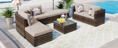 GO 8-piece Outdoor Wicker Sofa Set, Rattan Sofa Lounger with Colorful Pillows, Conversation Sofa, For Patio, Garden, Deck, Brown Wicker, Beige Cushion