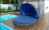 GO Outdoor Rattan Daybed Sunbed with Retractable Canopy Wicker Furniture, Round Outdoor Sectional Sofa Set, Gray Wicker Furniture Clamshell Seating