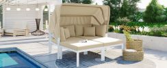 TOPMAX 3-Piece Patio Daybed with Retractable Canopy Outdoor Metal Sectional Sofa Set Sun Lounger with Cushions for Backyard, Porch, Poolside, Beige