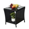 Outdoor Patio Wicker Side Table, Square End Table Bistro Coffee Table with Glass Top Storage Shelf for Porch Garden Backyard Black