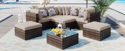 GO 8-piece Outdoor Wicker Sofa Set, Rattan Sofa Lounger with Colorful Pillows, Conversation Sofa, For Patio, Garden, Deck, Brown Wicker, Beige Cushion