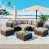 GO 8-piece Outdoor Wicker Sofa Set, Rattan Sofa Lounger with Colorful Pillows, Conversation Sofa, For Patio, Garden, Deck, Brown Wicker, Beige Cushion