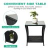 Outdoor Patio Wicker Side Table, Square End Table Bistro Coffee Table with Glass Top Storage Shelf for Porch Garden Backyard Black