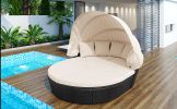 GO Outdoor Rattan Daybed Ssunbed with Retractable Canopy Wicker Furniture, Round Outdoor Sectional Sofa Set, Black Wicker Furniture Clamshell Seating