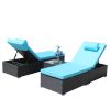 3-Piece Outdoor Patio Furniture Set Chaise Lounge, Patio Reclining Rattan Lounge Chair Chaise Couch Cushioned with Glass Coffee Table, Adjustable Back