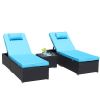 3-Piece Outdoor Patio Furniture Set Chaise Lounge, Patio Reclining Rattan Lounge Chair Chaise Couch Cushioned with Glass Coffee Table, Adjustable Back