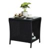 Outdoor Patio Wicker Side Table, Square End Table Bistro Coffee Table with Glass Top Storage Shelf for Porch Garden Backyard Black