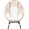 3 Piece Patio Egg Chairs Set with Side Table, Natural Color PE Rattan and Beige Cushion