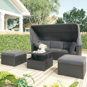 Outdoor Patio Rectangle Daybed with Retractable Canopy, Wicker Furniture Sectional Seating with Washable Cushions, Backyard, Porch (Color: Gray)