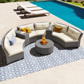 6 - Person Fan-shaped Rattan Suit Combination with Cushions and Table, Suitable for Garden (Color: Beige)