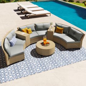 6 - Person Fan-shaped Rattan Suit Combination with Cushions and Table, Suitable for Garden (Color: Gray)