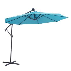 10 FT Solar LED Patio Outdoor Umbrella Hanging Cantilever Umbrella Offset Umbrella Easy Open Adjustable with 32 LED Lights (Color: Blue)