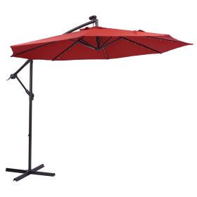 10 FT Solar LED Patio Outdoor Umbrella Hanging Cantilever Umbrella Offset Umbrella Easy Open Adjustable with 32 LED Lights (Color: Red)