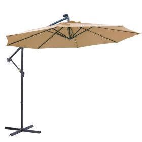 10 FT Solar LED Patio Outdoor Umbrella Hanging Cantilever Umbrella Offset Umbrella Easy Open Adjustable with 32 LED Lights (Color: taupe)