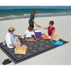 9' x 12' Reversible RV Outdoor Patio Mat, Camping Mat, Interlocked Squares (Reversible with 2 designs) (Color: Navy)