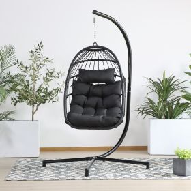 Hanging Folding Egg Chair for Indoor Outdoor Patio with Aluminum Frame and Metal Stand; 330 lb Capacity (Color: Black)