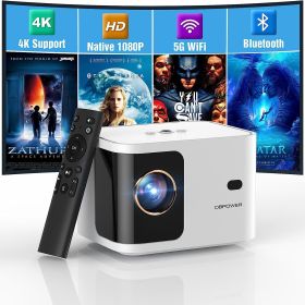 5G WiFi Mini Bluetooth Projector 4K Support, 300 ANSI HD 1080P Portable Video Projector, ±40° Vertical Keystone|Zoom|Timer, DBPOWER Outdoor Projector (Color: White)