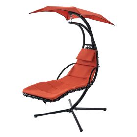 Hanging Chaise Lounger with Removable Canopy, Outdoor Swing Chair with Built-in Pillow, Hanging Curved Chaise Lounge Chair Swing for Patio Porch Pools (Color: Orange)