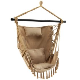 Hanging Rope Swing Chair with Soft Pillow and Cushions (Color: Beige)