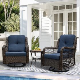 Outdoor Bistro Set 3 Pieces;  Outdoor Resin Wicker Swivel Rocker Patio Chair;  360-Degree Swivel Rocking Chairs and Tempered Glass Top Side Table (Color: Blue)