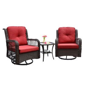 Outdoor Bistro Set 3 Pieces;  Outdoor Resin Wicker Swivel Rocker Patio Chair;  360-Degree Swivel Rocking Chairs and Tempered Glass Top Side Table (Color: Red)