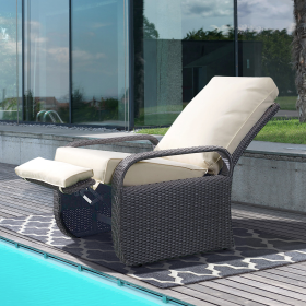 Adjustable Wicker Recliner with Aluminum Frame and Soft Cushions;  PE Rattan Recliner Lounge Chair for Indoor Outdoor Patio Garden (Color: Gray+Beige)